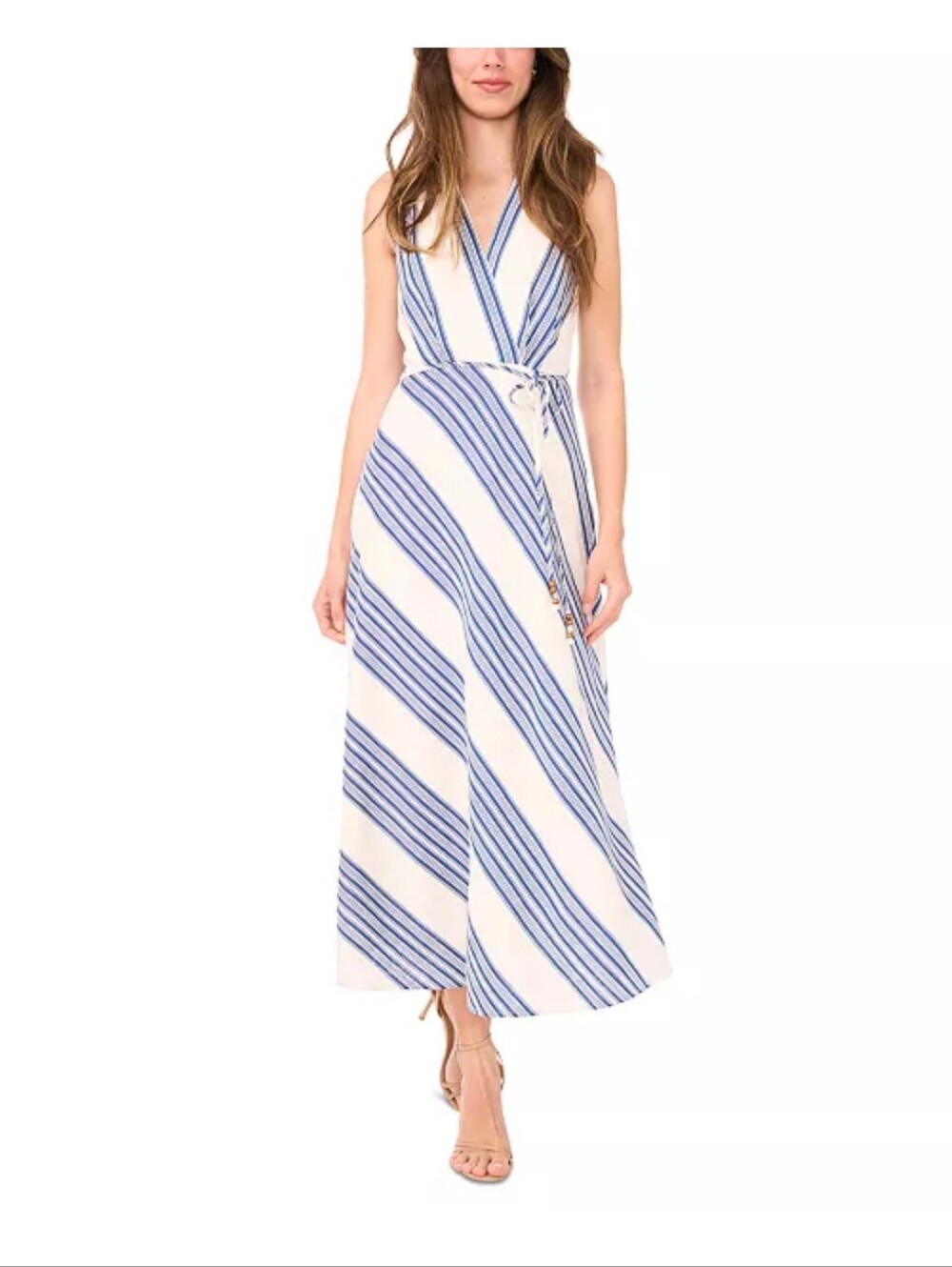 1.STATE NWT Blue White Striped Halter Maxi Dress Size S Belted $119 Coastal